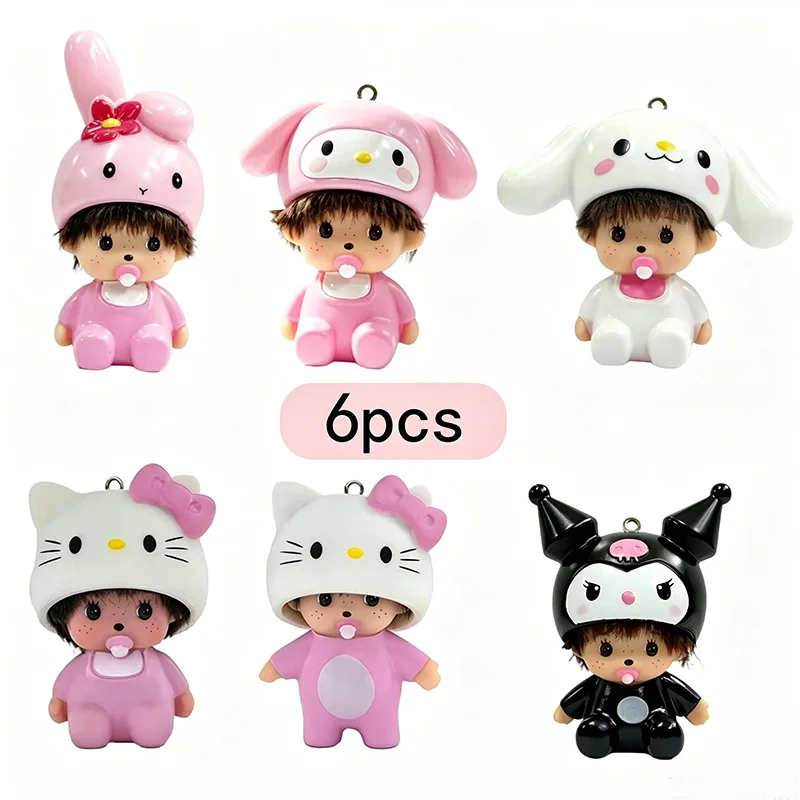 6 Piece Set Kawaii Hello Kitty Monchhichi Doll Keychain TPR Material,Cartoon Pendant Bag Charm Car Key Ring,Idea Gift for Girls