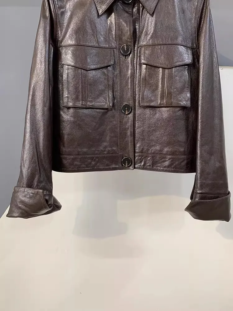 Veste d'automne rétro en cuir véritable pour femme, simple boutonnage, cire d'huile, peau de mouton, Punk, manteau court, Streetwear, veste de moto décontractée