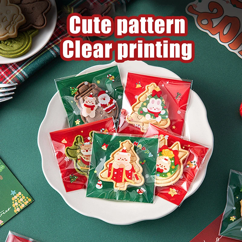 100Pcs 2025 Christmas Gift Bags Plastic Self-adhesive Candy Biscuits Snack Packaging Bags Xmas Party Favors Decorations