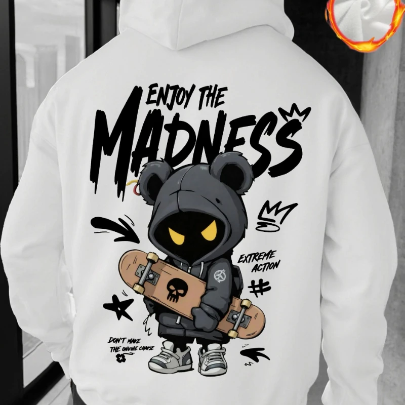 Herbst und Winter Herren Casual Street Kapuzenpullover – handbemaltes Cartoon-Menschenfigur-Buchstabenmuster bedrucktes Kapuzenshirt