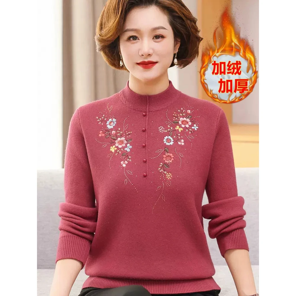 Mother's Winter Thick Integrated Plush Sweater 4XL Large Size Embroidered Pullovers Sweater Middle-aged Women Knitted Jumper Top