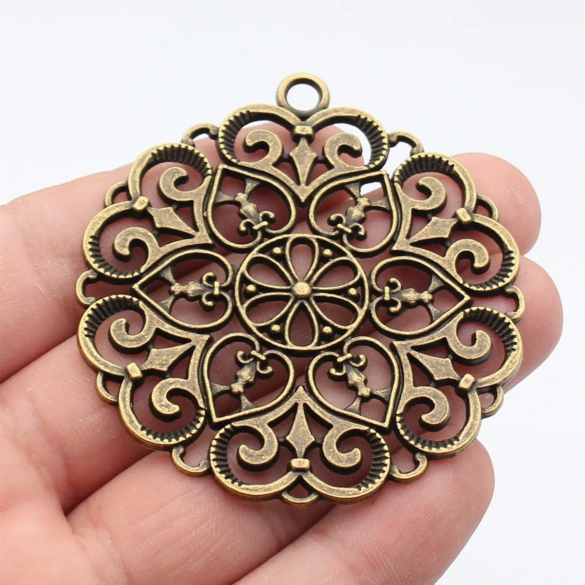 2pcs 67x61mm(2.64x2.4inch) Antique Bronze Color Hollow Out Flower Pattern Round Pendants DIY Jewelry Making Accessories