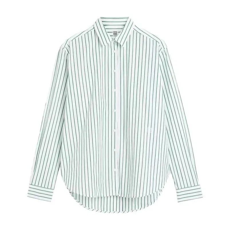 Striped Shirt for Women, Yang Mi\'s Same Striped Embroidered Shirt, Nordic Commuting Style, Early Spring of 2024