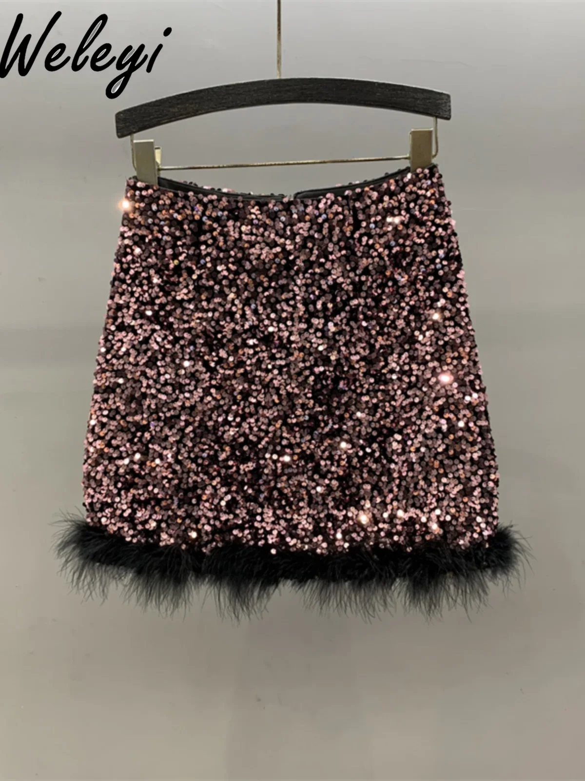 Sexy Shinny Sequins Splicing Feather Spice Short Skirt Women 2024 Autumn Hot Girl High Waist A-line Zipper Hip Wrap Mini Skirts