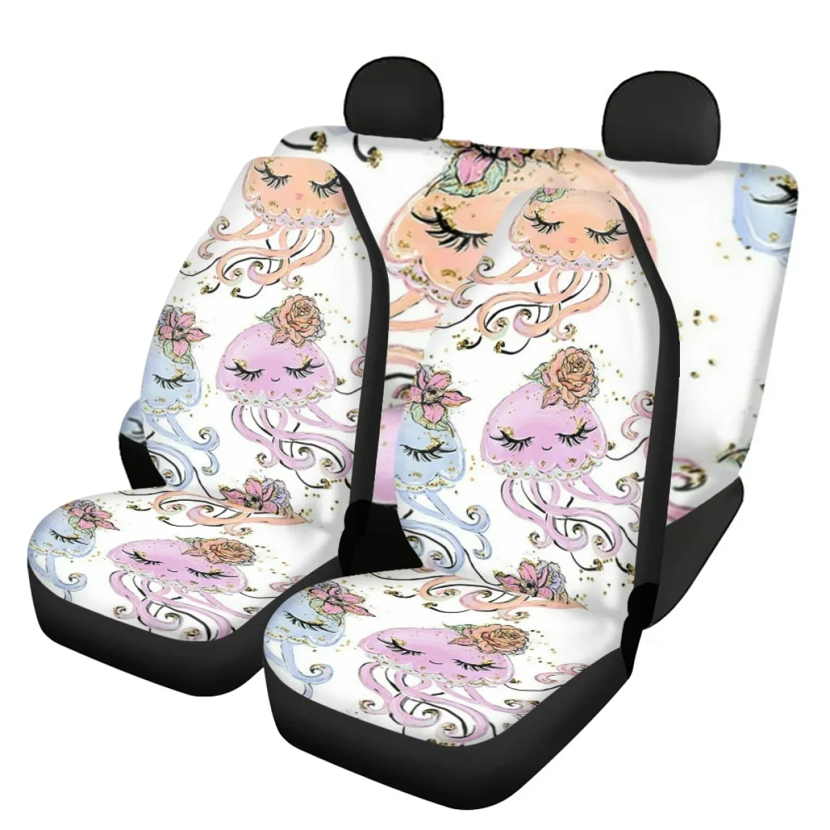 フロントとリアの車内シートカバー、かわいいクラゲの漫画のパターン、トラック用の簡単な取り付けシートカバー
