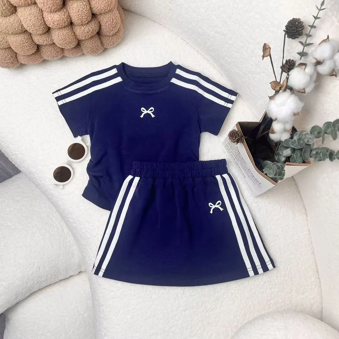 

2PCS Baby Girls Casual Clothes Set 2025 Summer New Kids Short sleeve Striped T-shirt Tops+Skirt Suit Fashion Outfit for Children