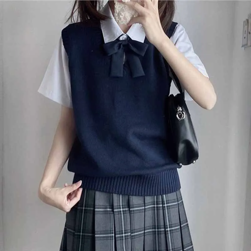 

College Style Sleeveless Sweater Vest Women Preppy Style All-Match School Girls Jk Knitted Vest Solid Basic Knitwear Waistcoat