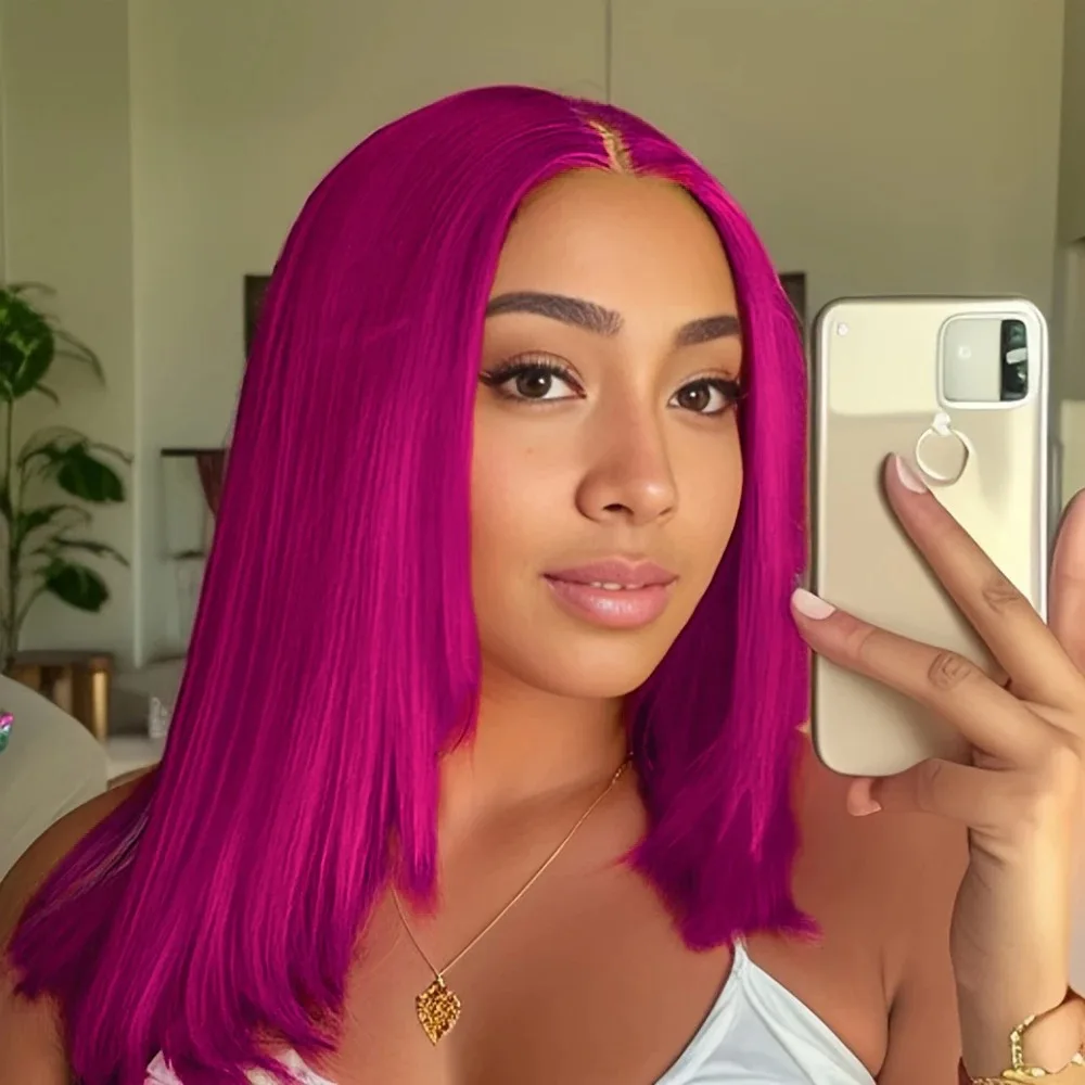 Hot Pink Colored Short Bob Wig 13x4 Lace Frontal Wigs For Women 180% Density Straight Bob Wig synthetic Lace Front Wigs Cosplay