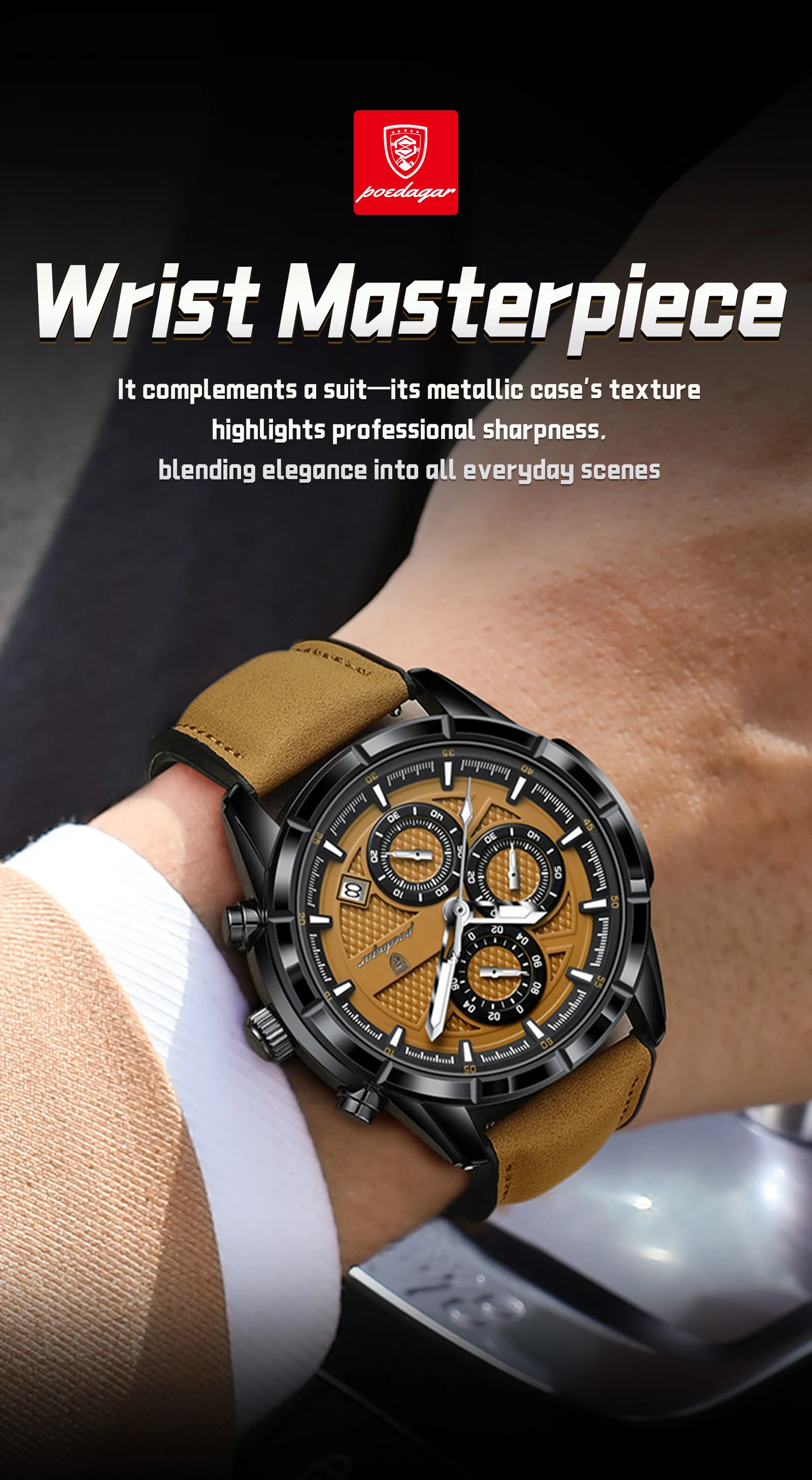 POEDAGAR Top Vintage Herren Armbanduhr Quarz Mode Leder Herrenuhren Datum Chronograph Wasserdicht Leuchtend Business Herrenuhr – Detail 13