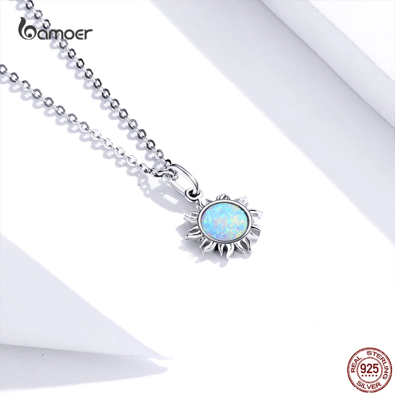 Bamoer 925 Sterling Silver Dazzling Sun Ladies Pendant Necklace Fine Opal Wedding Couple Confession Jewelry gift for Girl GXN399