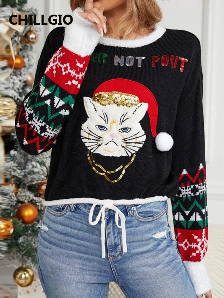 CHILLGIO Women Sequined Cat Christmas Knitted Sweater Fashion Long Sleeves O Neck Party Vintage Elastic Winter Warm Pullovers