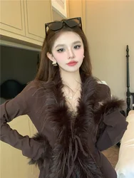 V Neck Fur Sleeve Cardigan Mujer Vintage Y2k Knitted Cardigan Sueter Slim Pull Femme Cropped Cardigan Clothes Knitwear Top