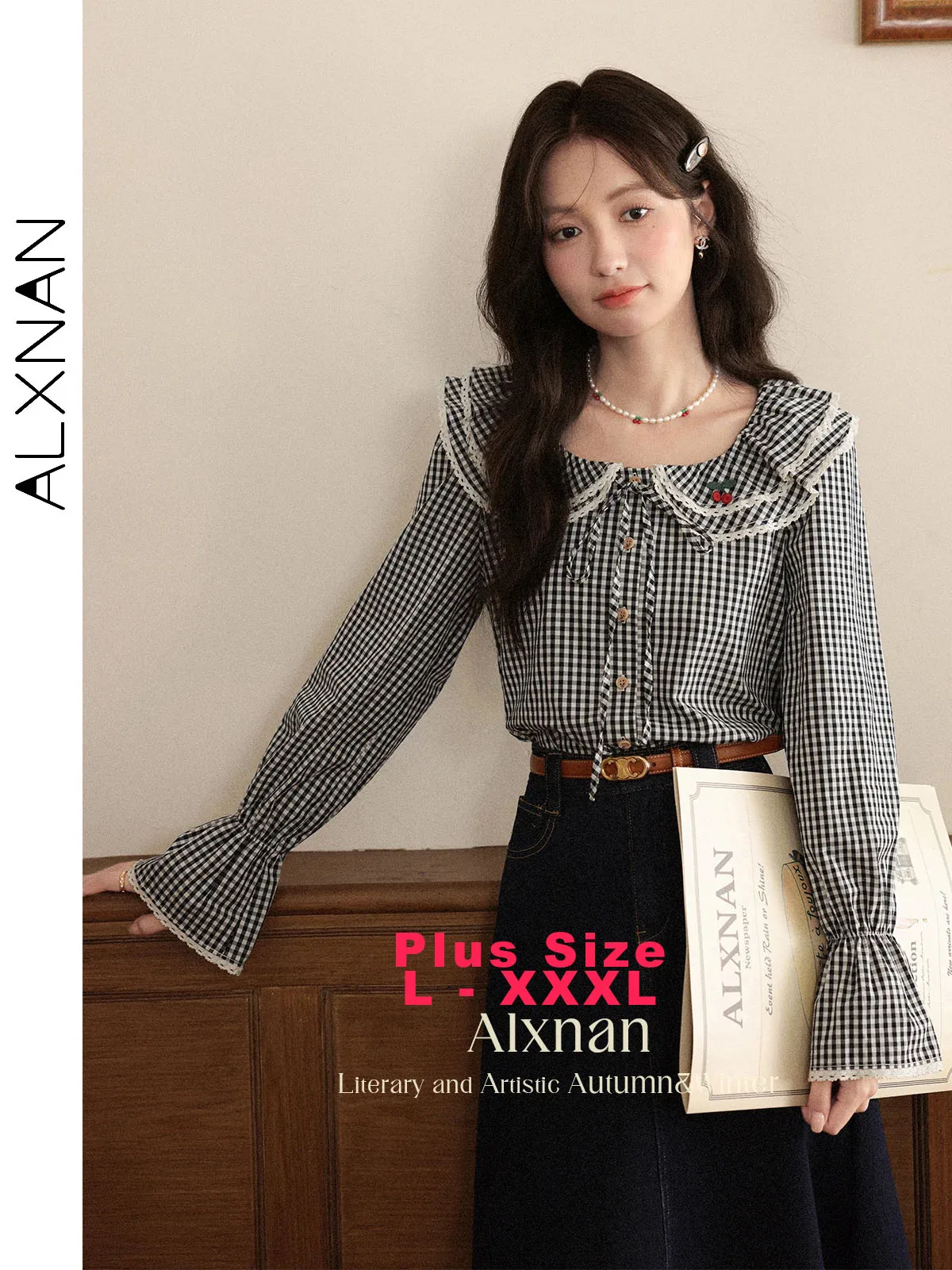 

ALXNAN Рубашка больших размеров, черно-белая клетчатая кукольная рубашка с воротником, винтажная хлопковая блузка из 100% хлопка, женская осенняя блузка с длинными рукавами и кружевной отделкой D12363