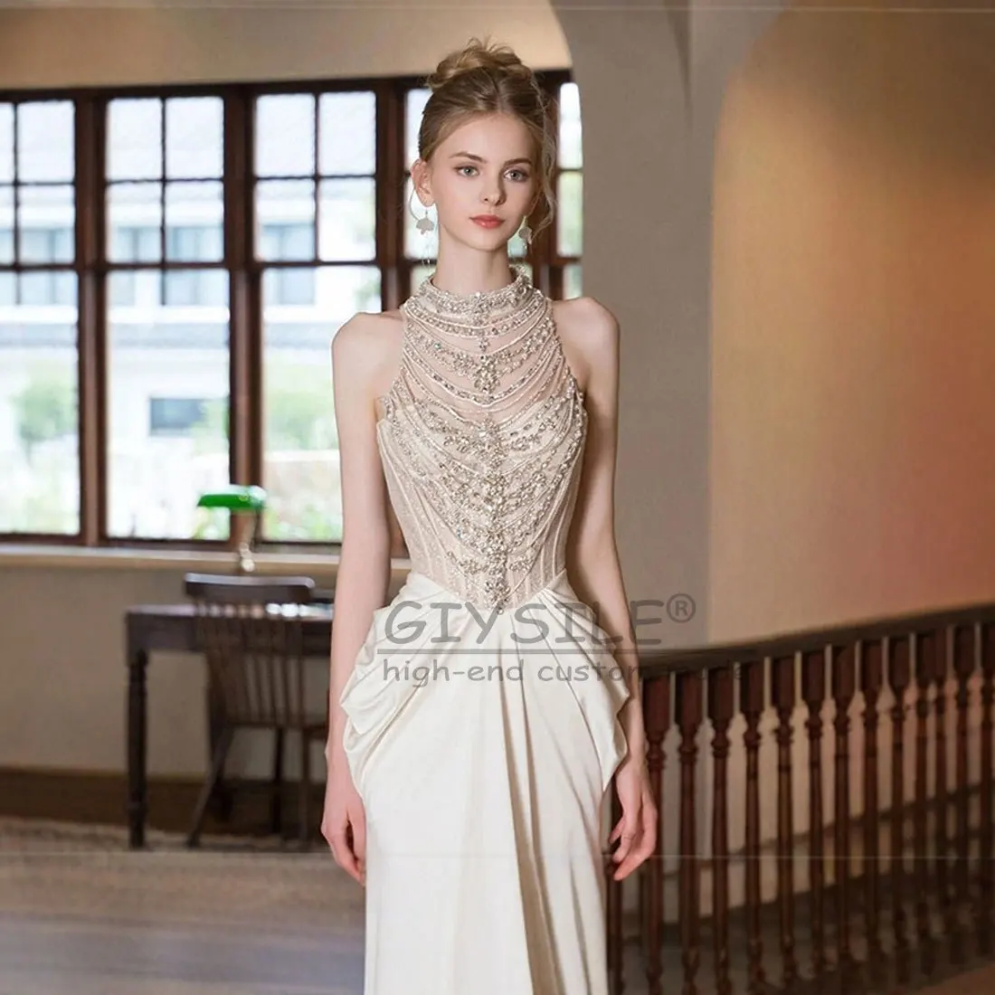 GIYSILE-vestidos de novia ligeros con cuello colgante, personalizados, industria pesada, satén francés, cola de pez francesa, vestidos de boda blancos Vintage