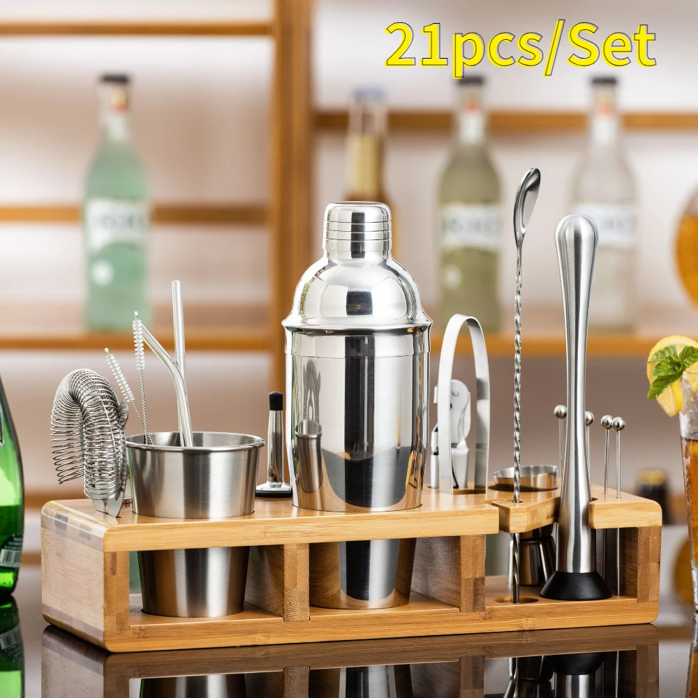 Stainless Steel cocktail shaker set 21pcs barman accessories mixer jigger Pourer muddler Wood Case kit bartender cocktail kit