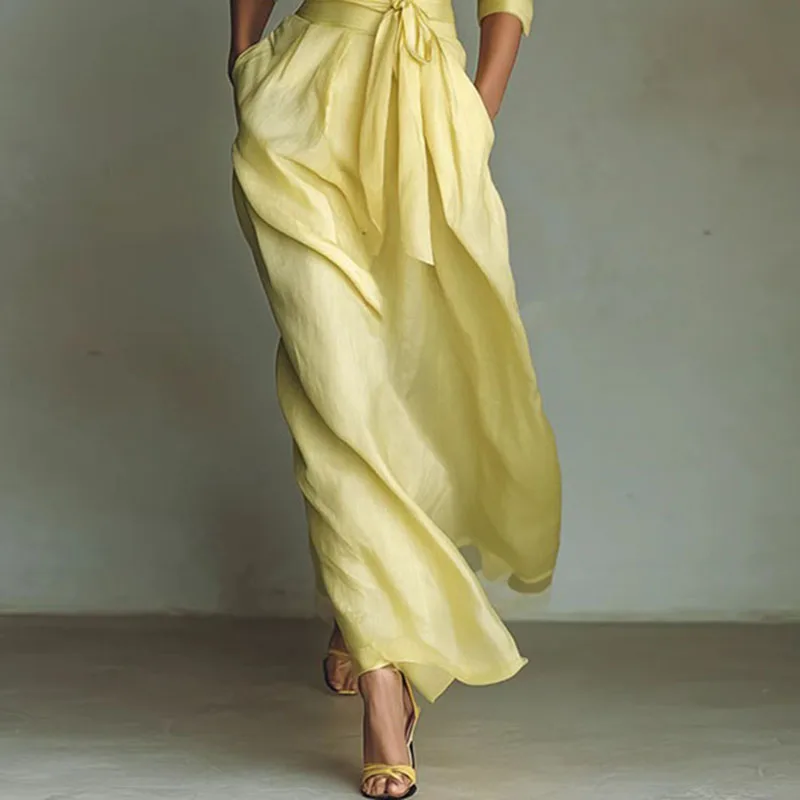 Bohemian Elegant Lace-up High Waist Long Dress Woman New Turn-down Collar Hollow Party Dress Spring 3/4 Sleeve Pocket Maxi Dress - Image 6