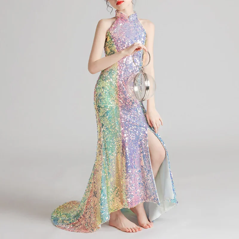 Luxury Shinny Rainbow Princess Slim ชุดราตรีอย่างเป็นทางการชุดผู้หญิงแขนกุดพรหม Vestidos ทรัมเป็ตสาว