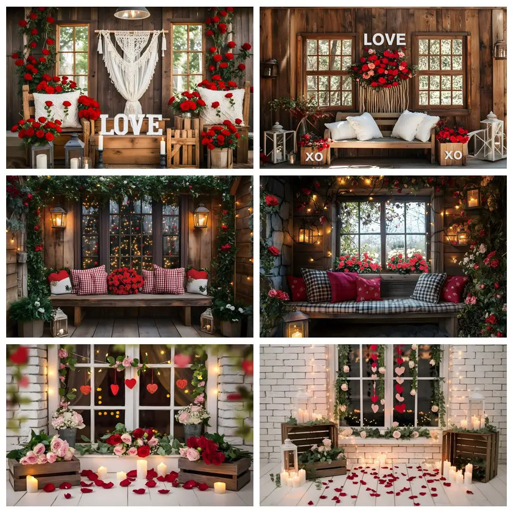 

Valentine's Day Photography Backdrop Wooden House Love Rose Flowers Wedding February 14th Party Decor Background Photo Studio