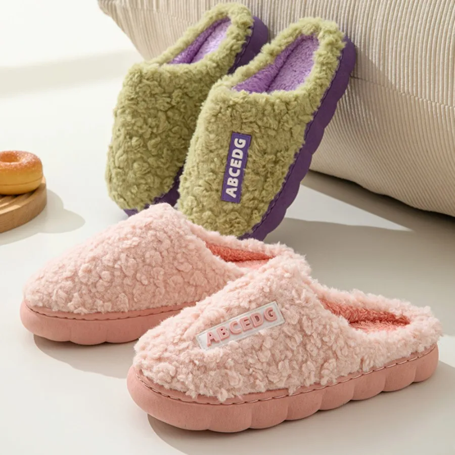 Women Winter Warm Home Slippers Thicken Indoor Boy Girl Floor Slides Plush High Heels Fur Cotton Shoes Ladies Couples Slipper