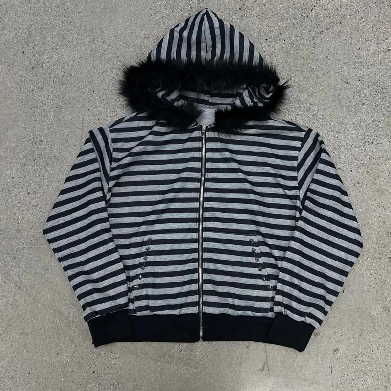 

2025 Autumn Winter Striped Jacket Sweatshirt with Fur Collar Casual Fashion Versatile Jacket