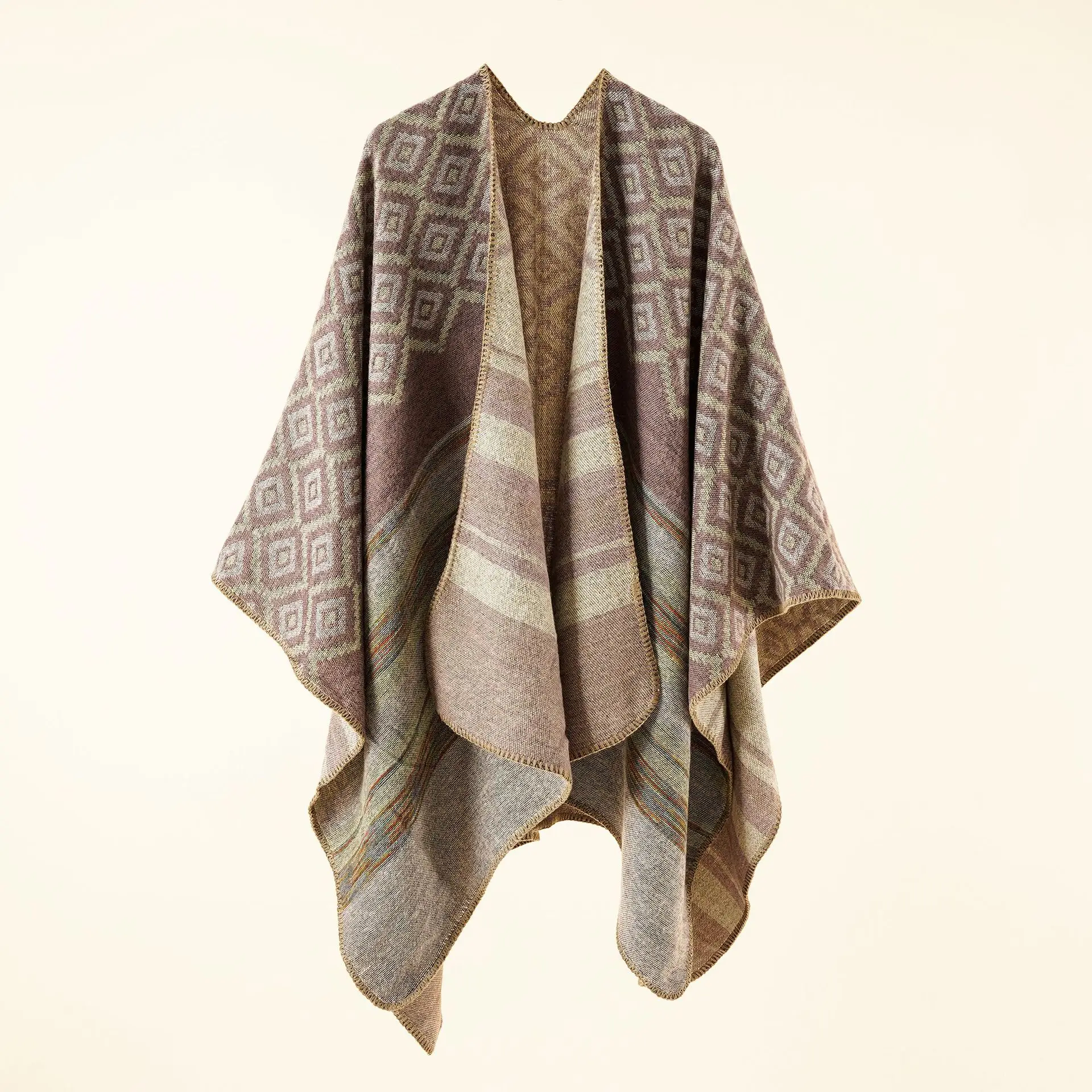 

2022 Autumn Winter New Geometric Stripe Pattern Imitation Cashmere Warm Casual Women Shawl Poncho Capes Lady Coat Khaki