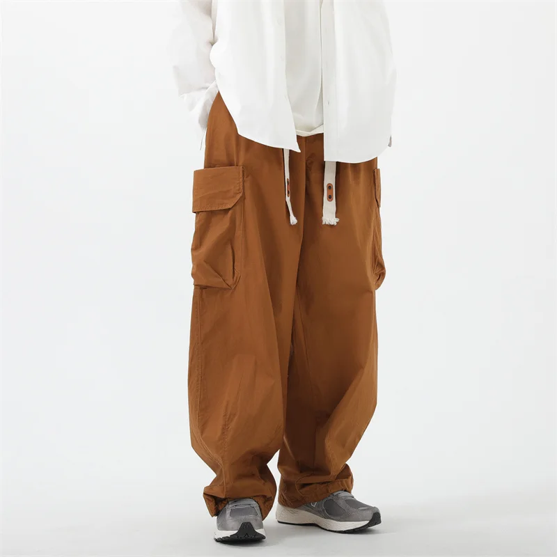 Mens Casual Vintage Cargo Pants Autumn New Big Pocket Oversized Straight Neutral Drawstring Work Trousers Joggers Male 2XL