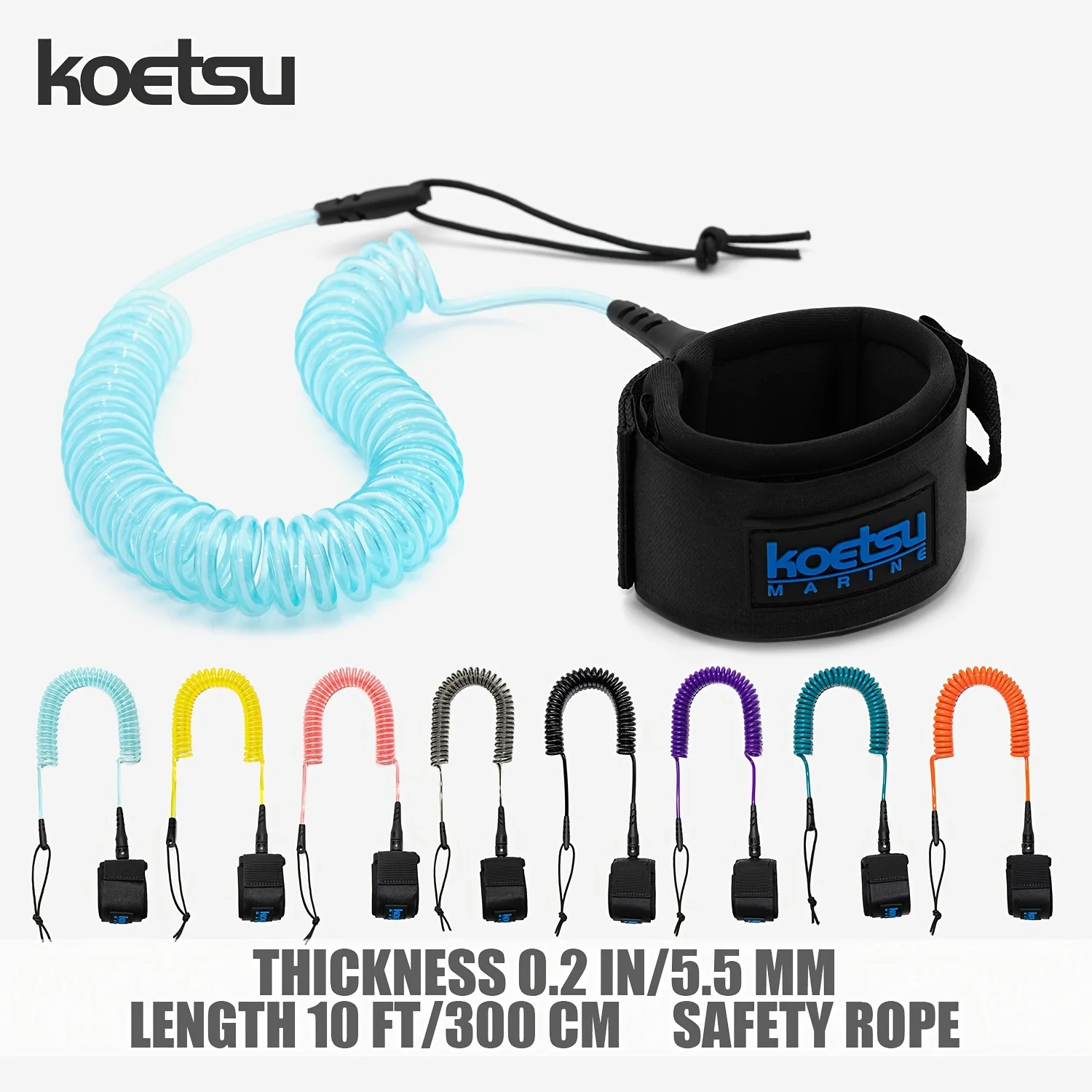 KOETSU SUP Paddle Board Leash 10FT 5.5 mm/0.22 in TPU Material Strong Cord with Ankle MAGIC TAPE Comfortable Secure Fit