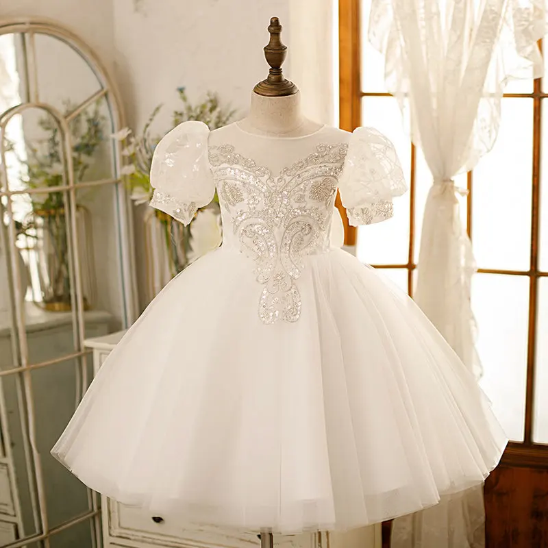 

White Sequins Evening Dress O-Neck Short Sleeves Pleat Above Knee Zipper Back New Ball Gown New Party Flower Girl Dresses B1676