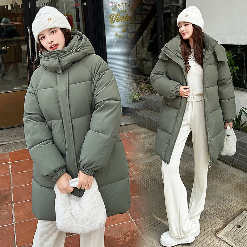 Thick Parkas Women Zipper Loose Casual Midi Length Coat Solid Jacket Pocket Elegant Warm Jackets Office Lady Autumn Winter