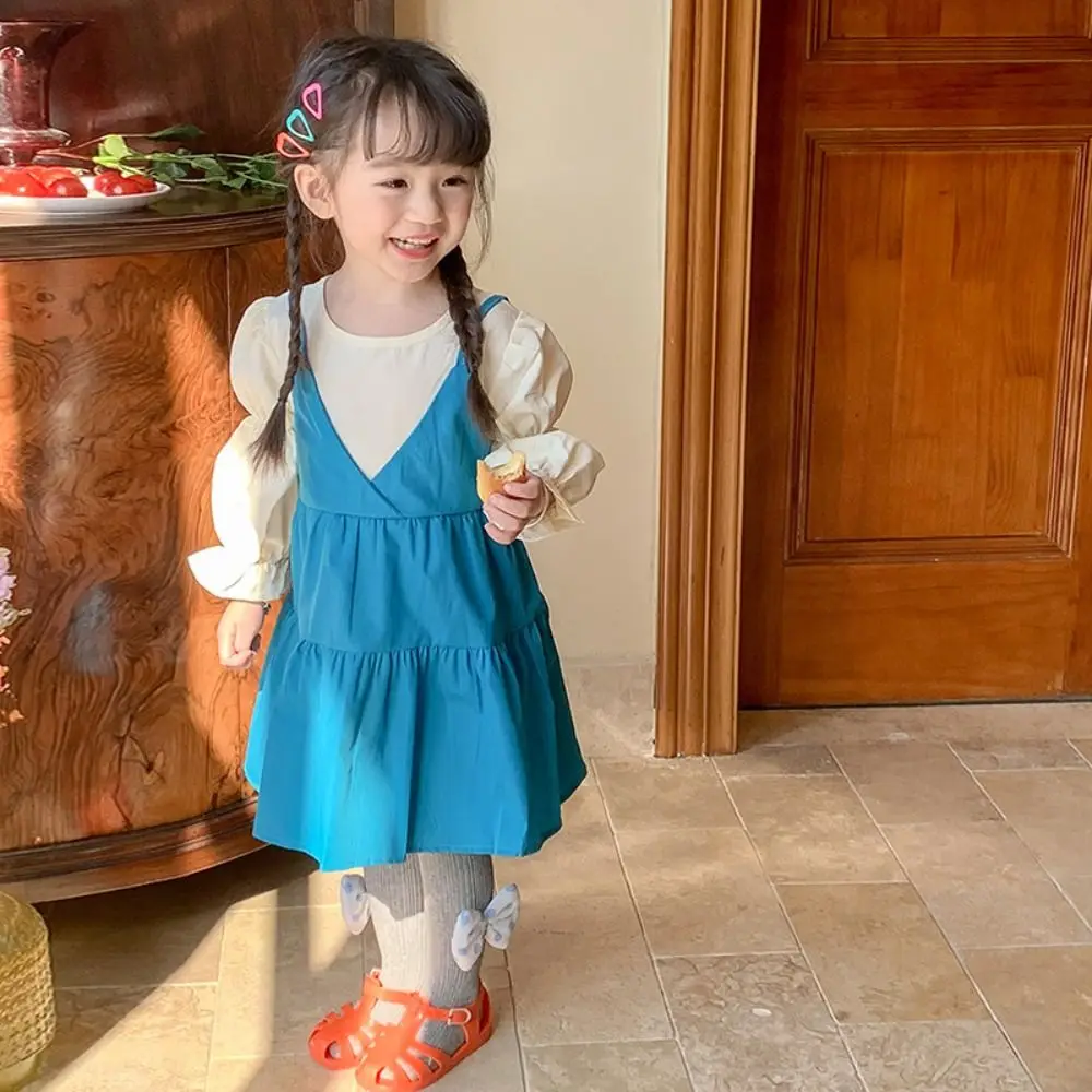 

High Waist Pleated Lace Princes Dress Bowknot A-line Girls Long Dress Loose Sweet Children Long Sleeved Dress Holiday