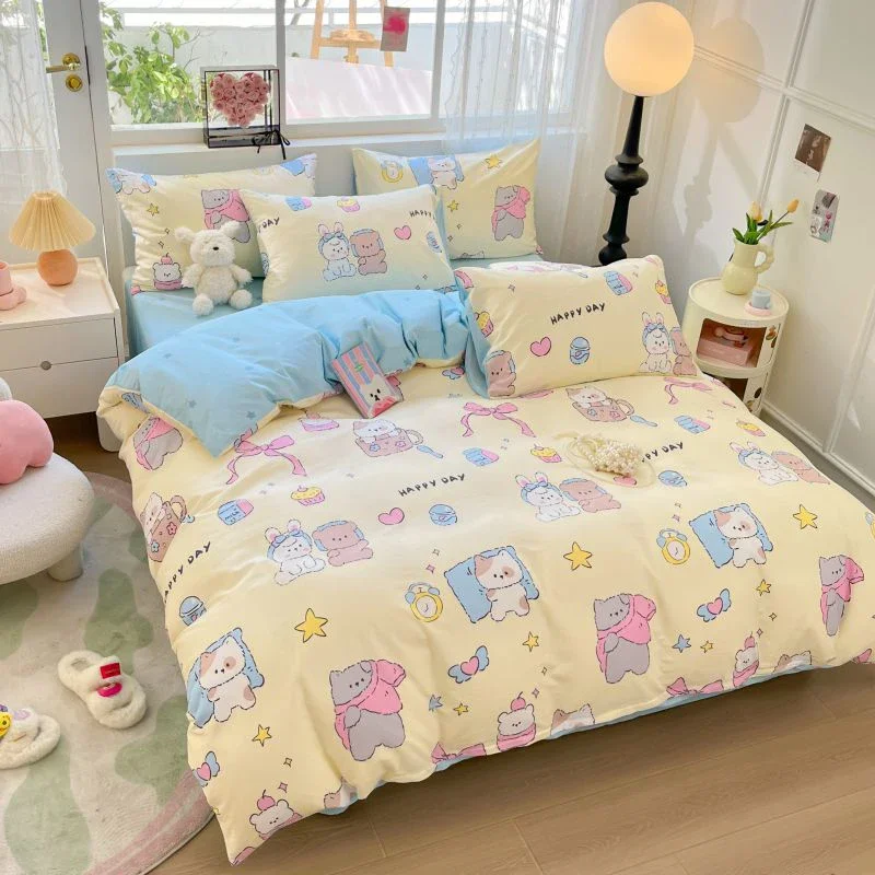 Cartoon Cat Cotton Duvet Cover Kids Cute Kitten Pattern Print 3 Pcs Bedding Set Reversible Soft Comforter Cover for Girls Boys