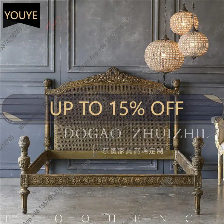 

K65 French Antique Solid Wood Carving Flower Bed Retro Old Court Double Bed European Villa 1.8 Double Bed Silent Furniture