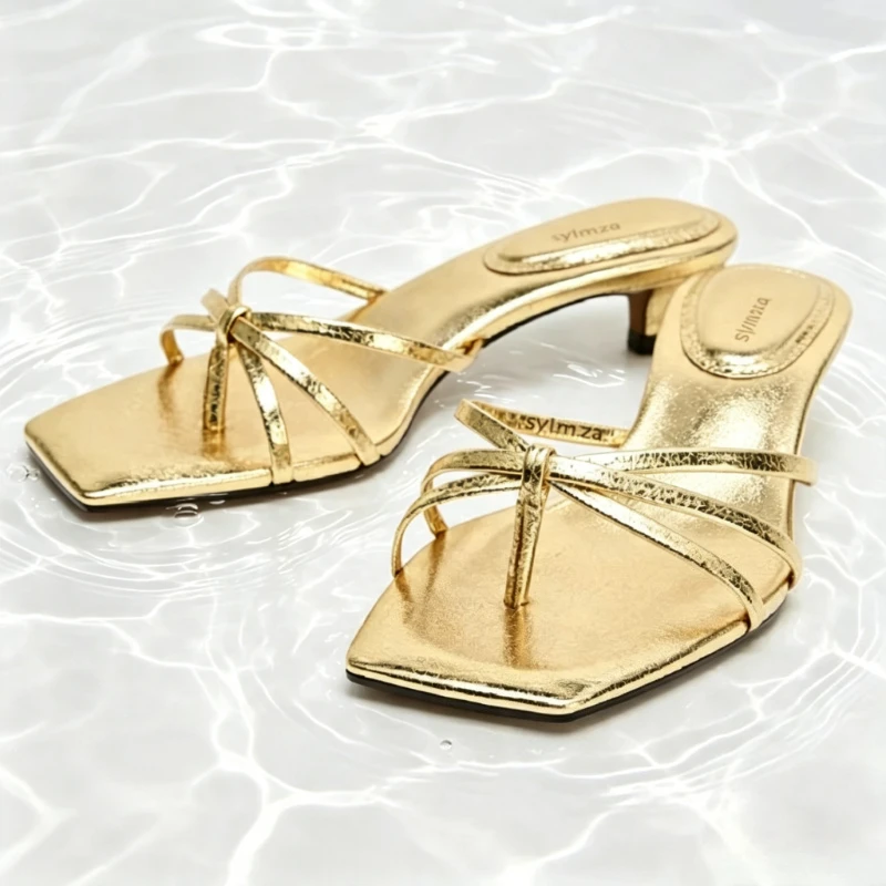 Gold Metallic-effect Cracked Detail Kitten-heel Sandals Women Fashion Cross Tied Slide Sandals Summer Clip Toe Beach Flip Flops