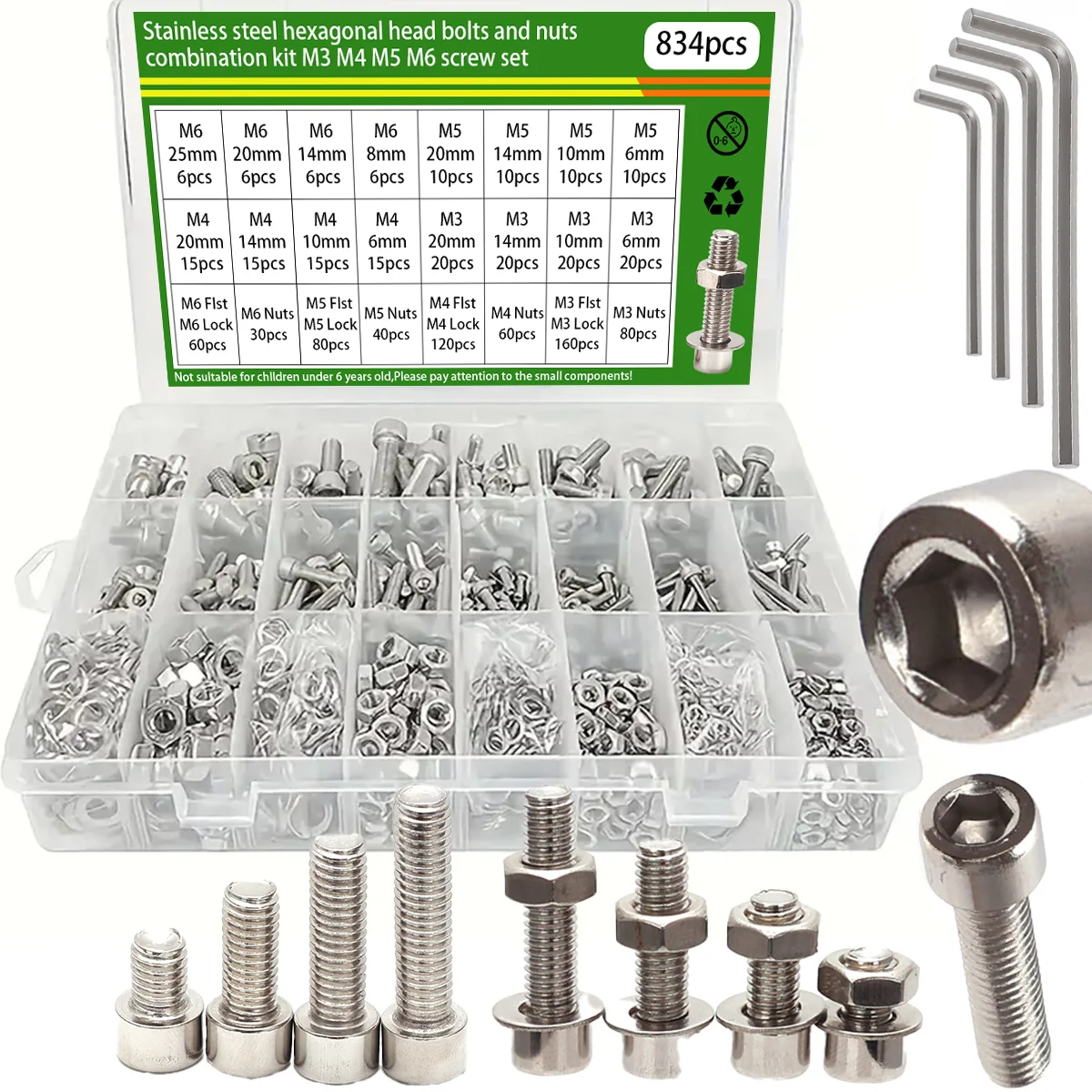 834-teiliges M3 M4 M5 M6 Edelstahl Sechskantschrauben-, Schrauben-, Muttern-, Unterlegscheiben- und Federscheiben-Set; DIY-Werkzeugset
