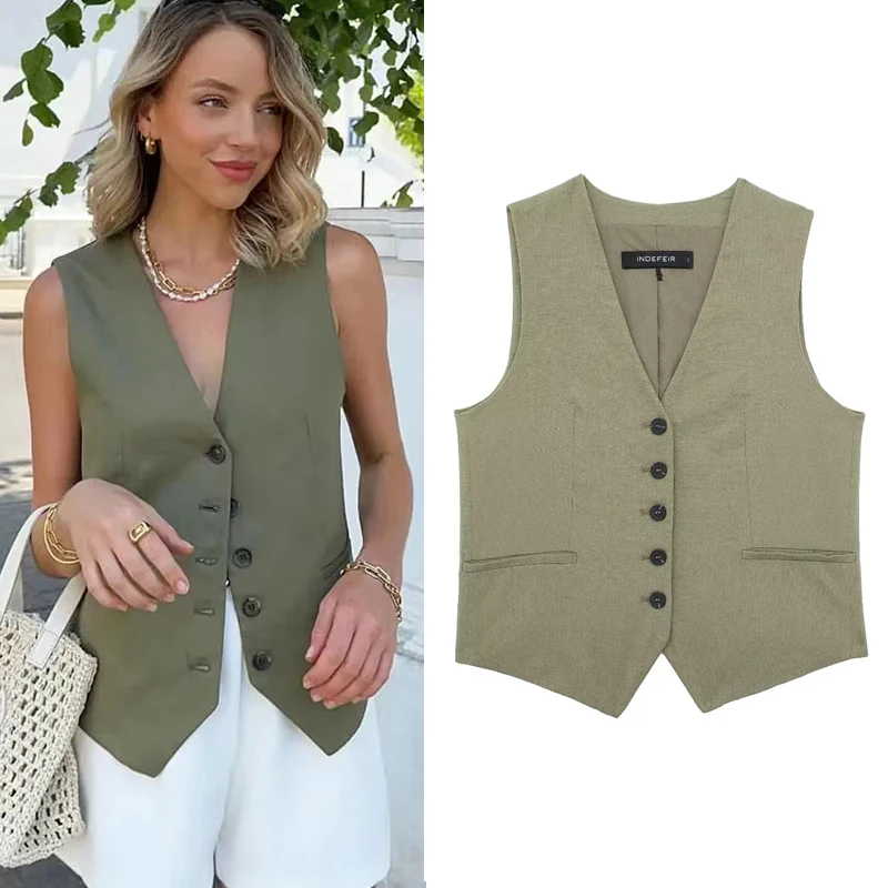 HXAO 2024 Women Solid Linen Waistcoat Fashion Summer Vest Women V-Neck Sleeveless Slim Single Breasted Gilets New In Outerwears