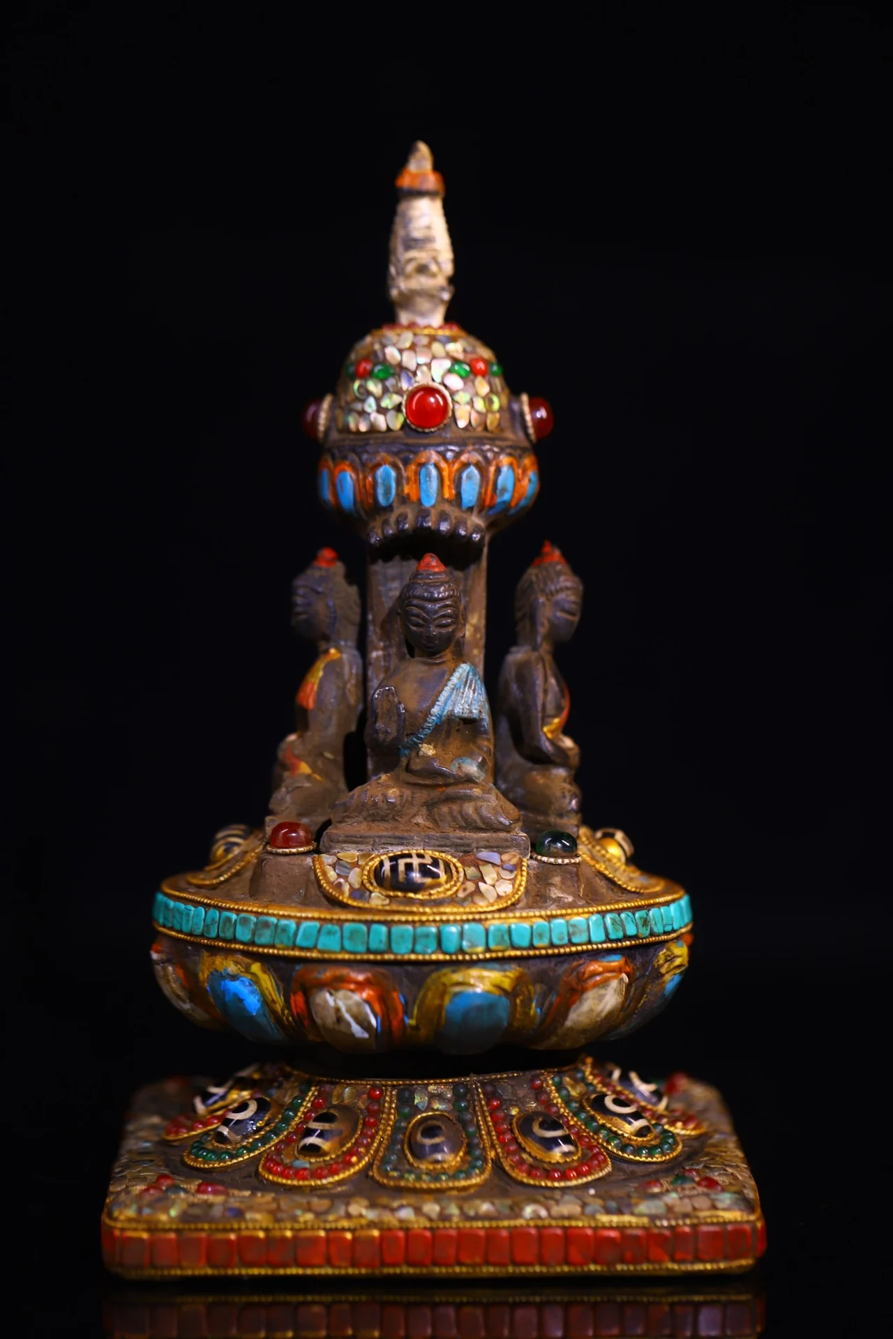 

9"Tibetan Temple Collection Old Bronze Cinnabar Mosaic Gem gZi Beads Four sided Shakyamuni Buddha Pagoda Stupa Worship Hall