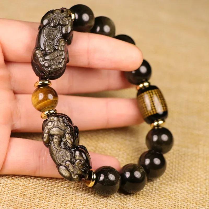 

UMQ Natural Black Gold Obsidian Double PiXiu Bracelet Buddhist Prayer Brave Troops Stone Bead Bangle DIY Bracelets For Men Women