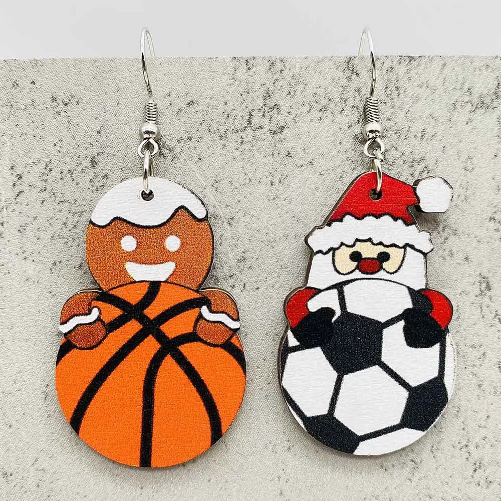 Christmas Wooden Earrings Santa Claus Football Basketball Baseball Rugby Earrings Sports Fans Christmas Gift