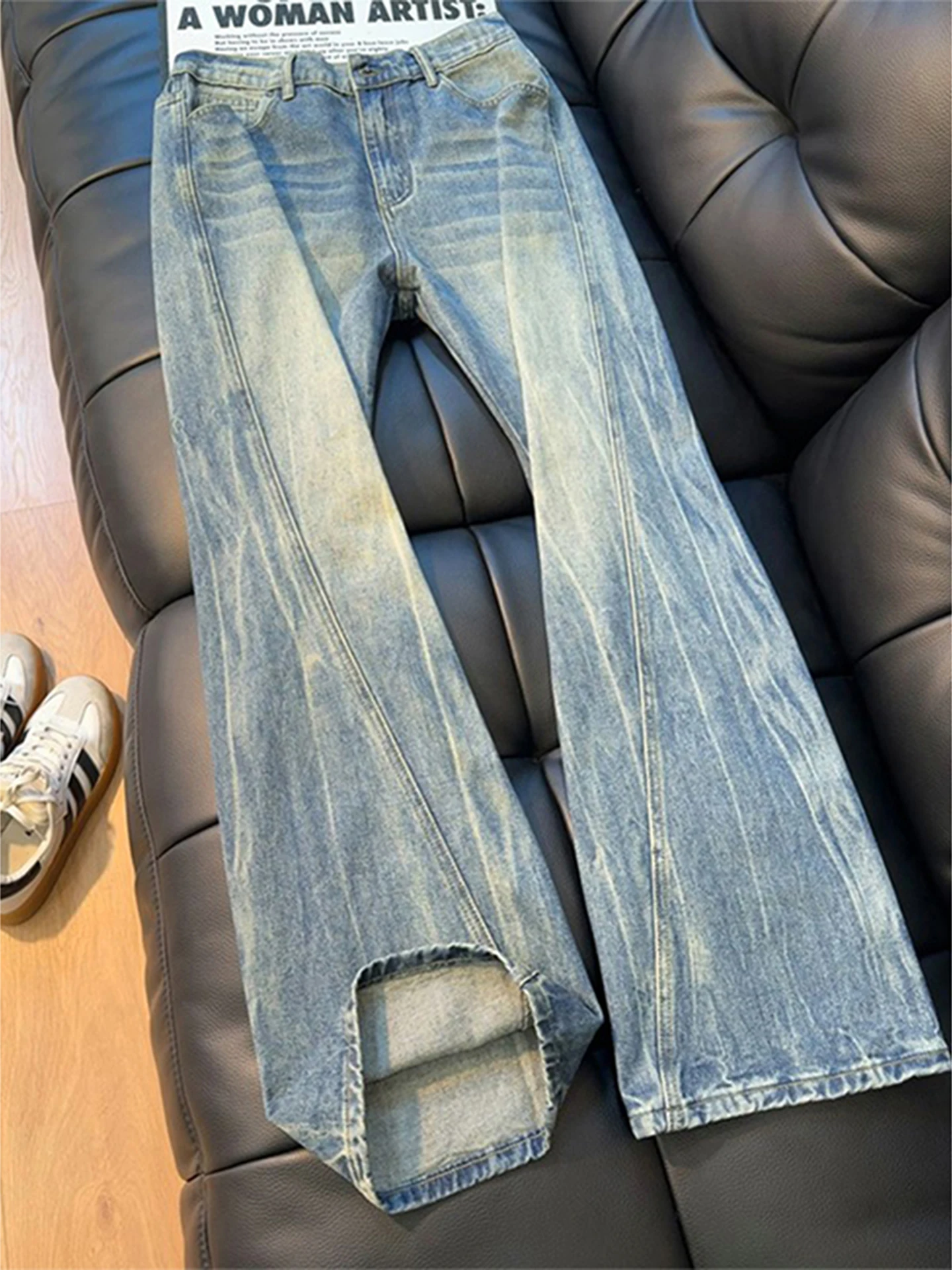 

American Sle Slim Fit Straight Leg Jeans Men's Curve Cut Knife Lightning Pattern High Street Vibe Casual Cotton Denim