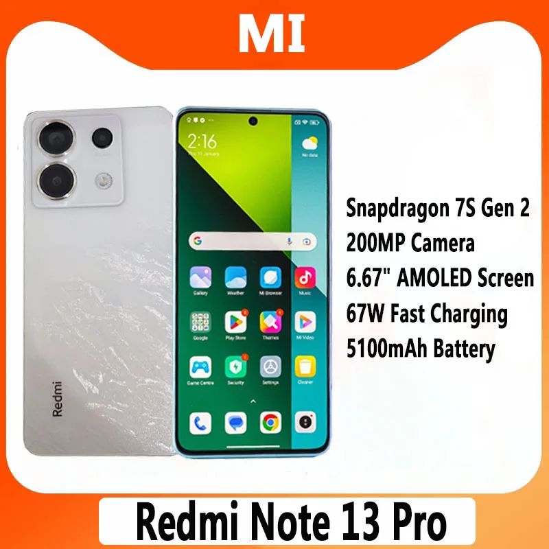 Xiaomi Redmi Note 13 Pro 5G 120Hz screen 1.5K Snapdragon 7S Gen 2 5100mAh Battery 67W Fast Charging 200MP camera