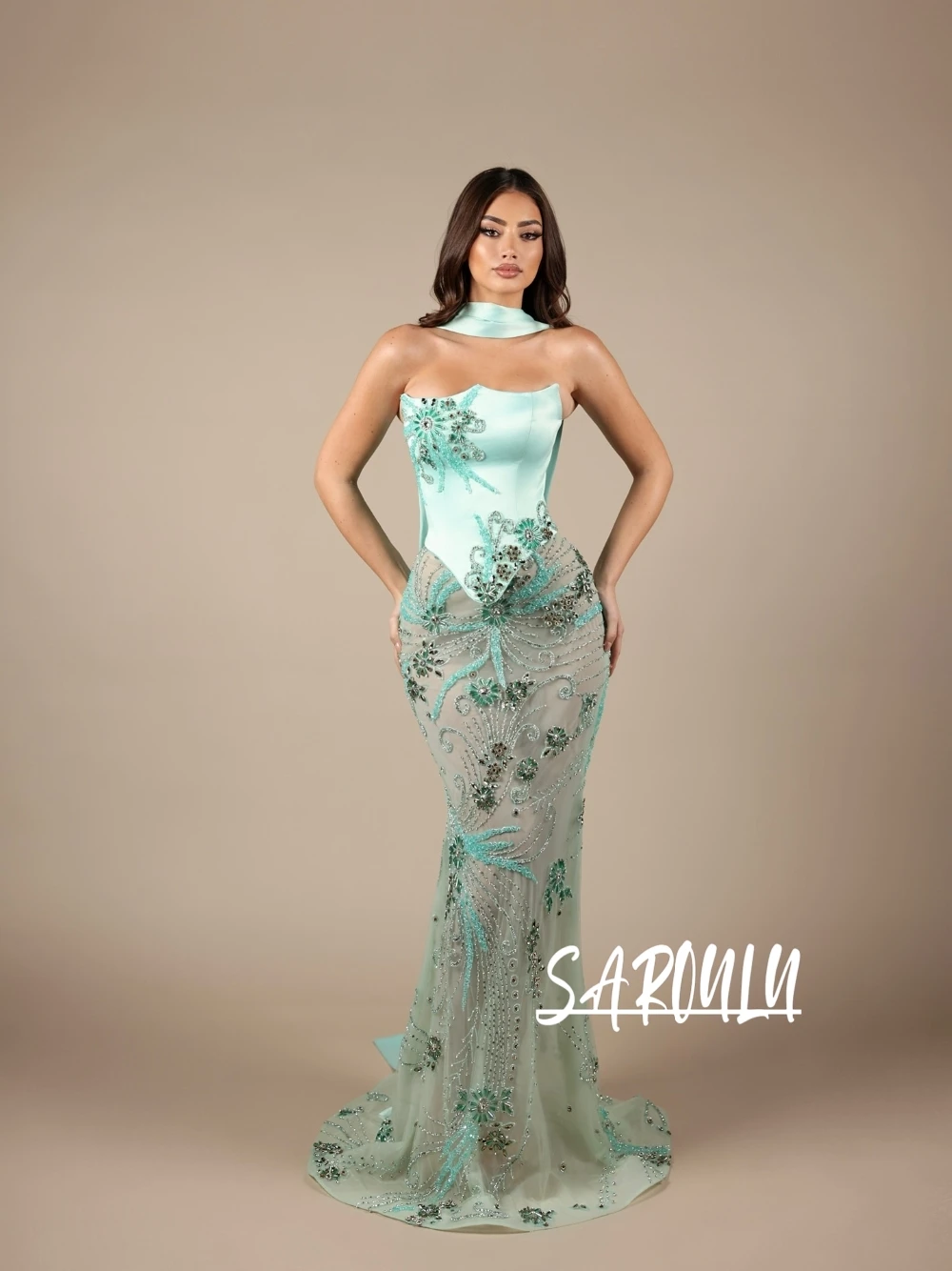 

Изысканное вечернее платье-русалка мятно-зеленого цвета без бретелек, роскошное, ручной работы, расшитое бисером и кристаллами, из прозрачной сетки, для выпускного вечера, свадьбы, вечеринки, на заказ