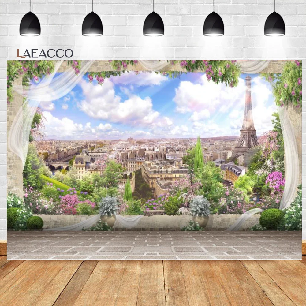 Laeacco-sesión fotográfica de cumpleaños para bebé recién nacido, telones de fondo personalizados con flores de la Torre Eiffel de París, rosa, utilería