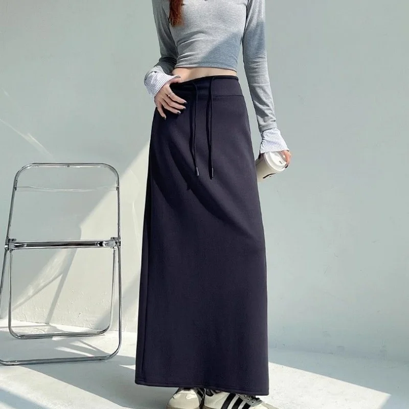 Women Relaxed Lazy Vibe Skirt Lady Grey High Waist Drawstring Straight Sports Maxi Skirt Skirt  Ladies Elegant Concise Skirt