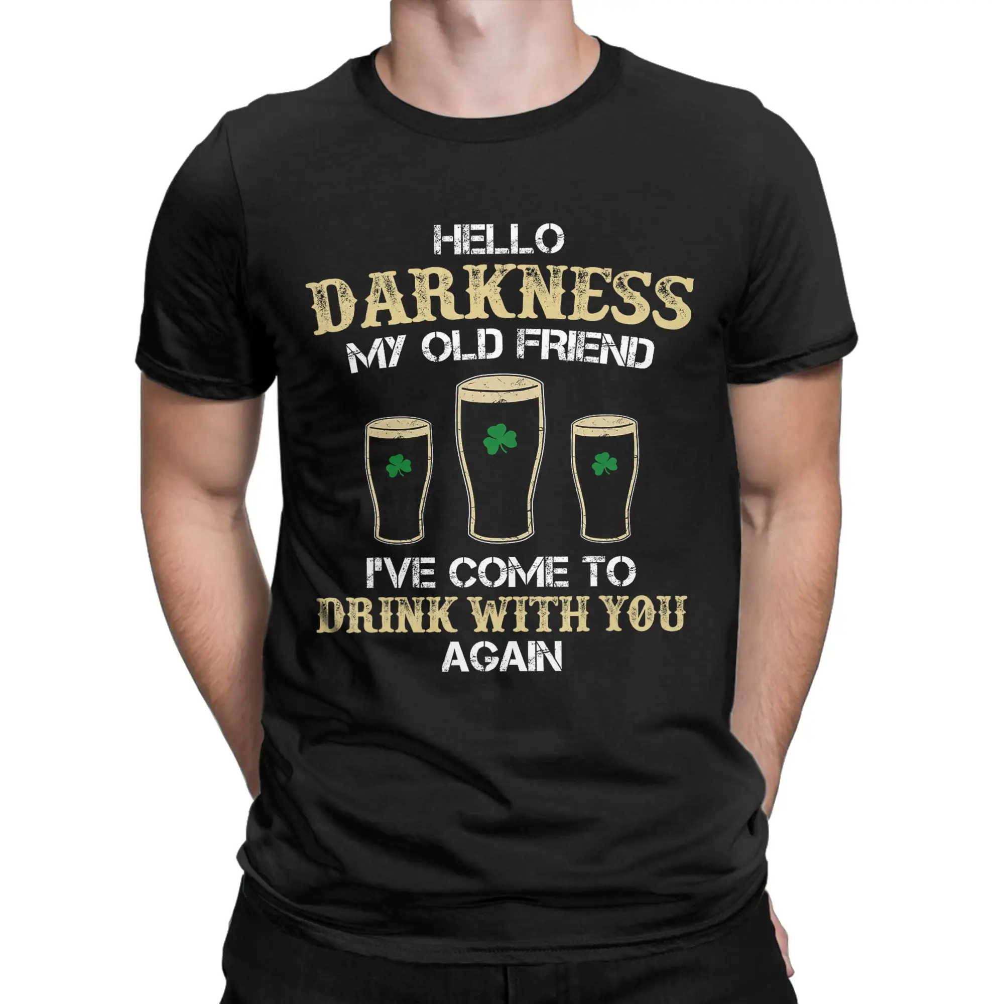 Vintage Hello Darkness My Old Friend Irish Shamrock Beer Day T-Shirt Men Crew Neck Pure Cotton T Shirts  Short Sleeve Tees