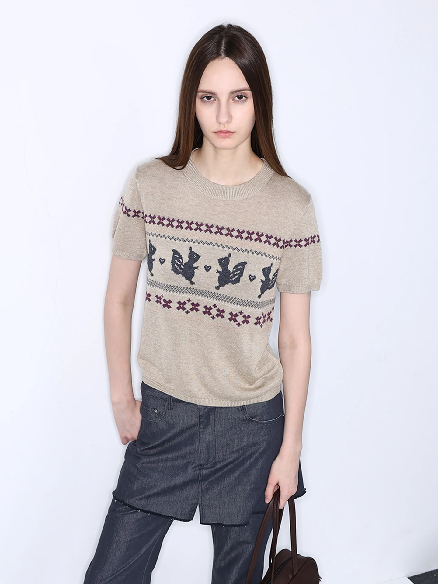 

Vintage Animal Pattern ort Sve Knitted Sweater Women's Overhead Sle Soft Polyester Blend Comfortable Daily Wear Top