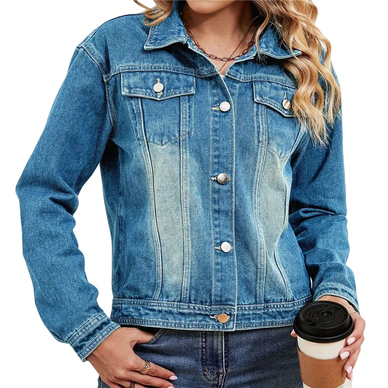 ABRT-Female Basic Button Down Stretch Fitted Long Sleeves Denim Jean Jacket