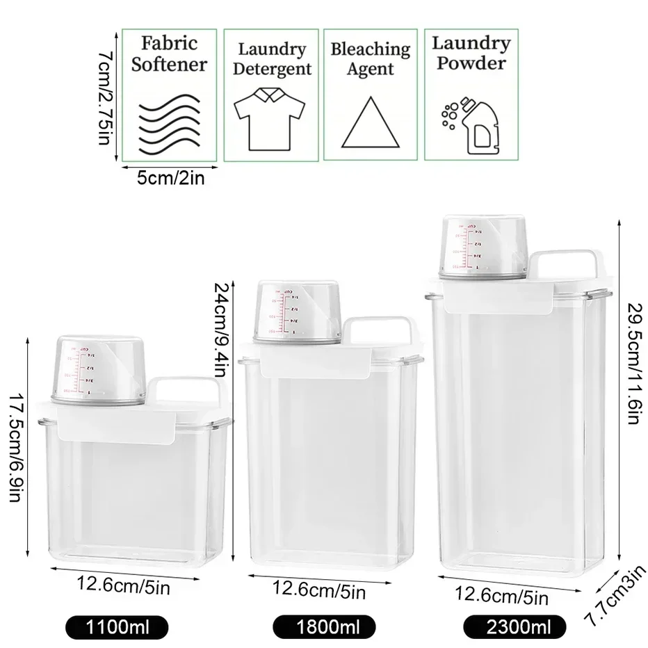 Laundry Detergent Dispenser with Measuring Cup Refillable Soap Detergent Storage Box Lid Softener Bleach Powder Sealed container