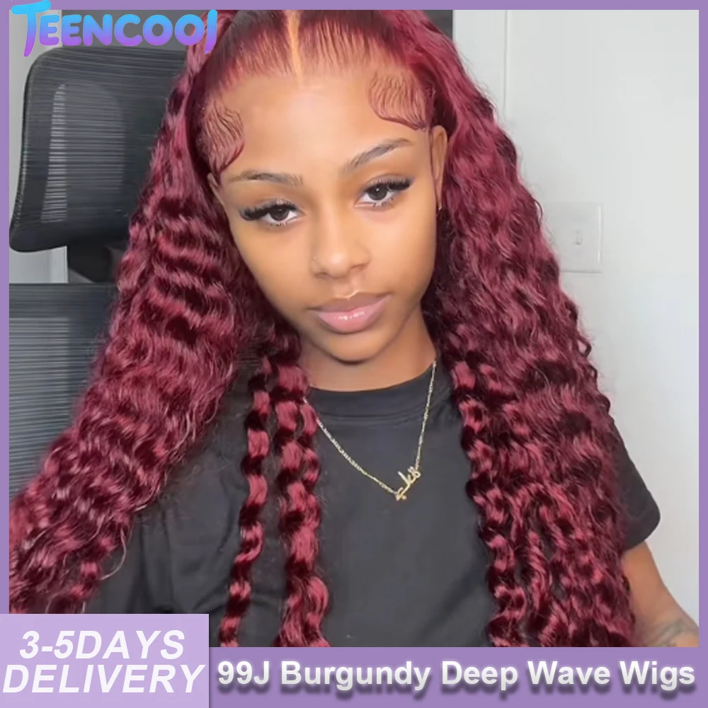 

Deep Wave 13x6 HD Transparent Lace Frontal Wig 200Density 99J Burgundy Pre Plucked Colored Curly 13x4 Lace Front Wigs For Women