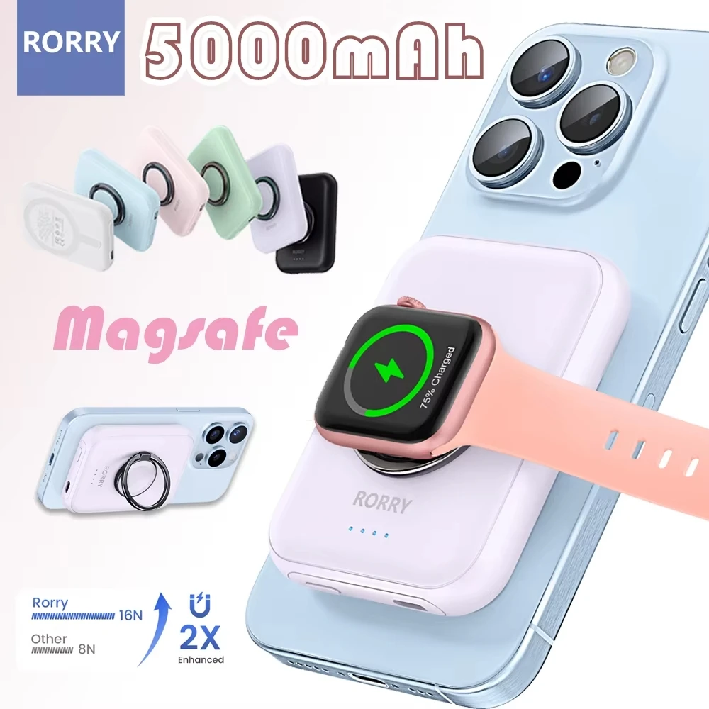 RORRY Magnetic Wireless Power Bank for iPhone 15/14/13/12, 5000mAh Mini Portable Charger for Apple Watch & Magsafe Case