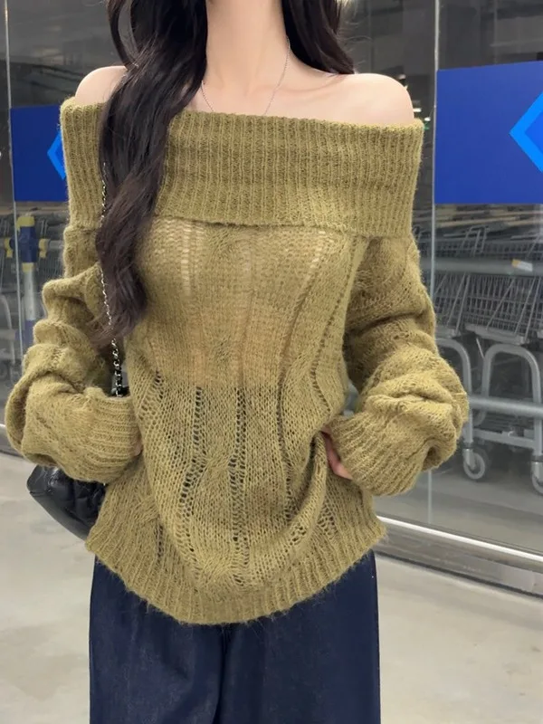 Morbido e accogliente maglione lavorato a maglia una spalla allentato da donna Sle Autunno 2025 Casual dimagrante semplice abbinato tutto allentato Top